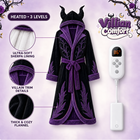 Villian Comfort heated robe in Maleficent style with black and purple trim and a horned hood