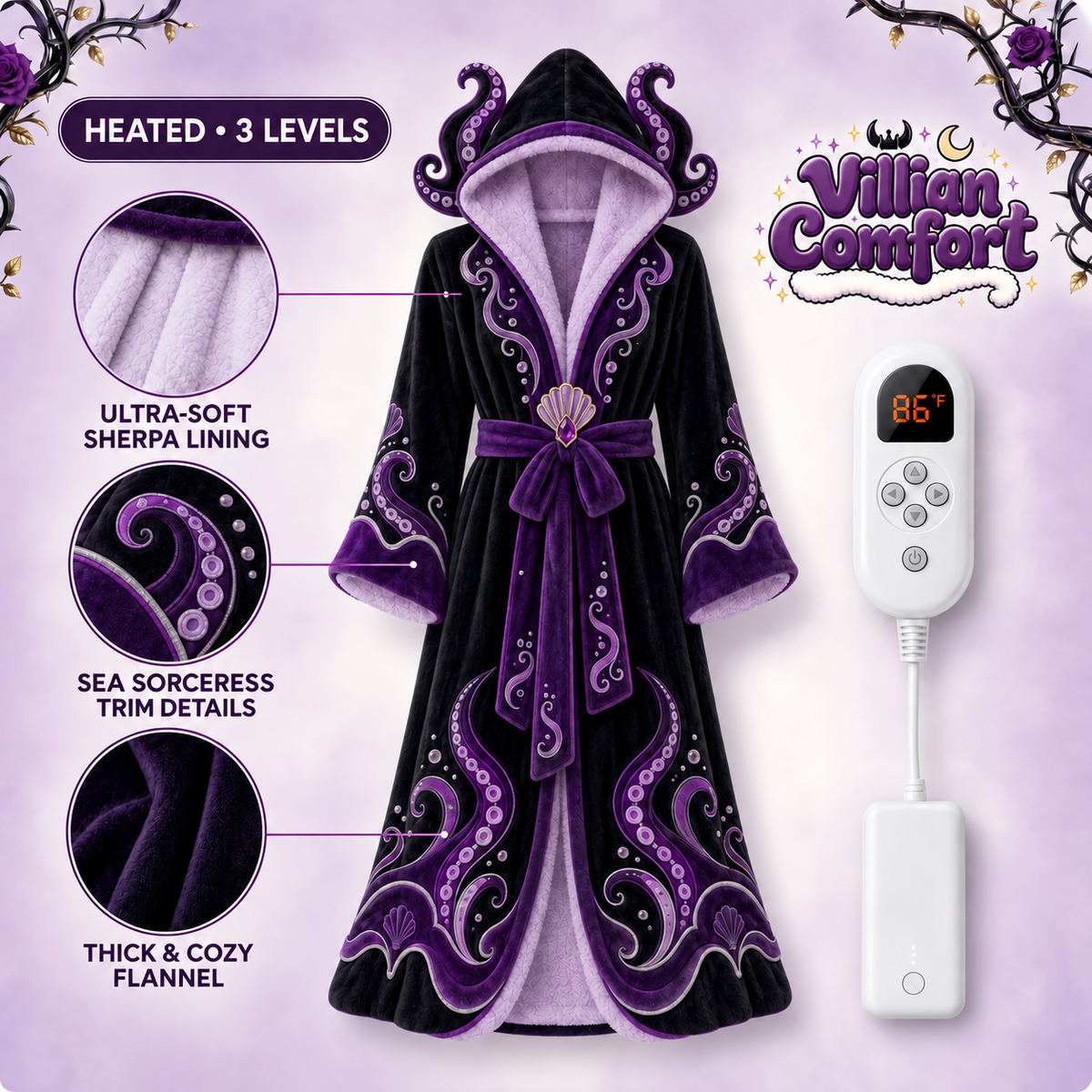 Villian Comfort heated robe in Ursula style with purple tentacle details and a shell accent