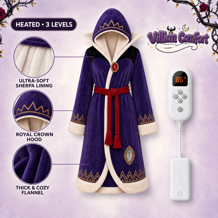 Villian Comfort heated robe in Evil Queen style with purple fabric, cream trim, and red belt