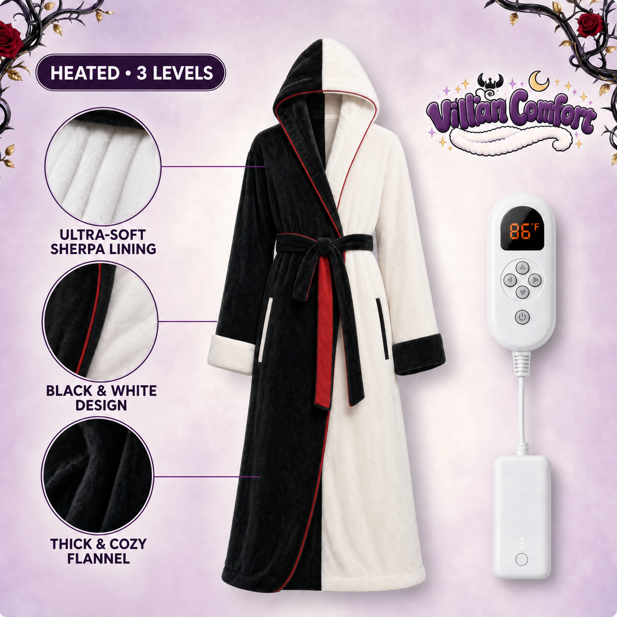 Villian Comfort heated robe in Cruella Deville style with black and white panels and red piping